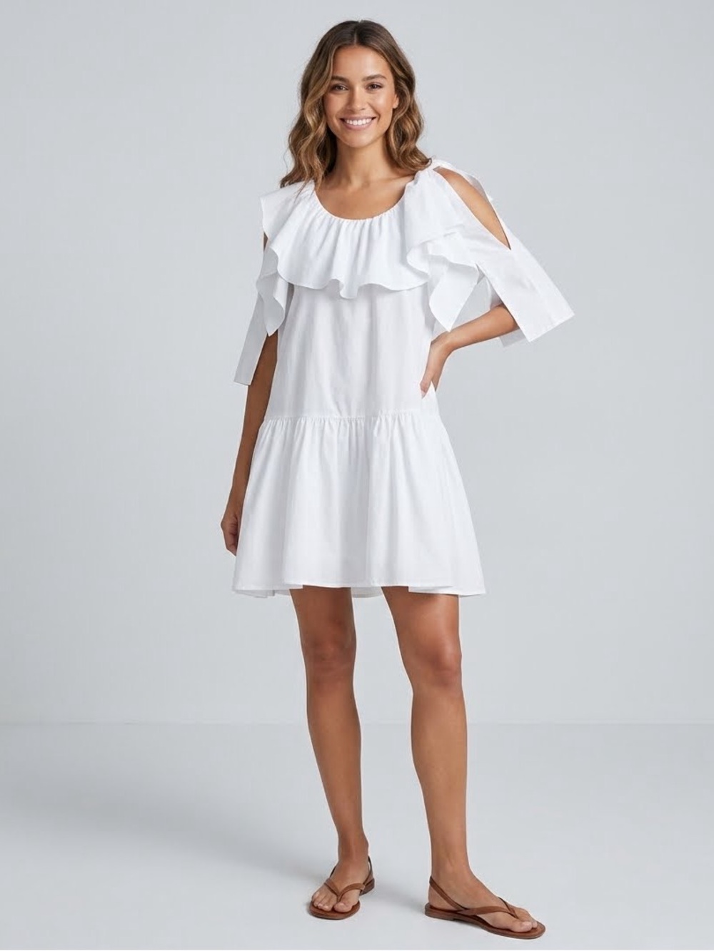 3.1 Phillip Lim Asymmetric Ruffle Cotton A-Line Mini Dress Crisp White, Size 4/S
